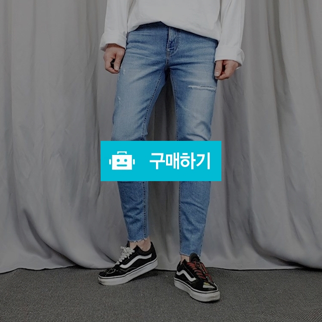 남자 슬림 일자 밑단 컷팅 스판 데미지 중청 데님 청바지 / 아이엘맨 / 디비디비 / 구매하기 / 특가할인